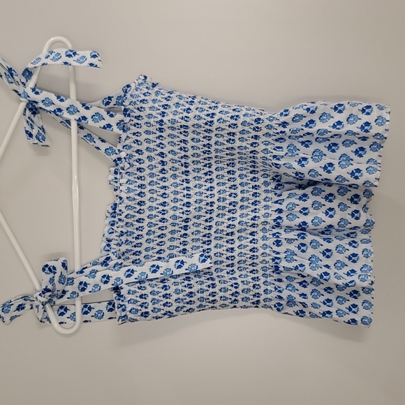J. Crew Tank Top Smocked Tie Shoulder Blue Size S White Malibu Blue Floral Shirt - Picture 3 of 5